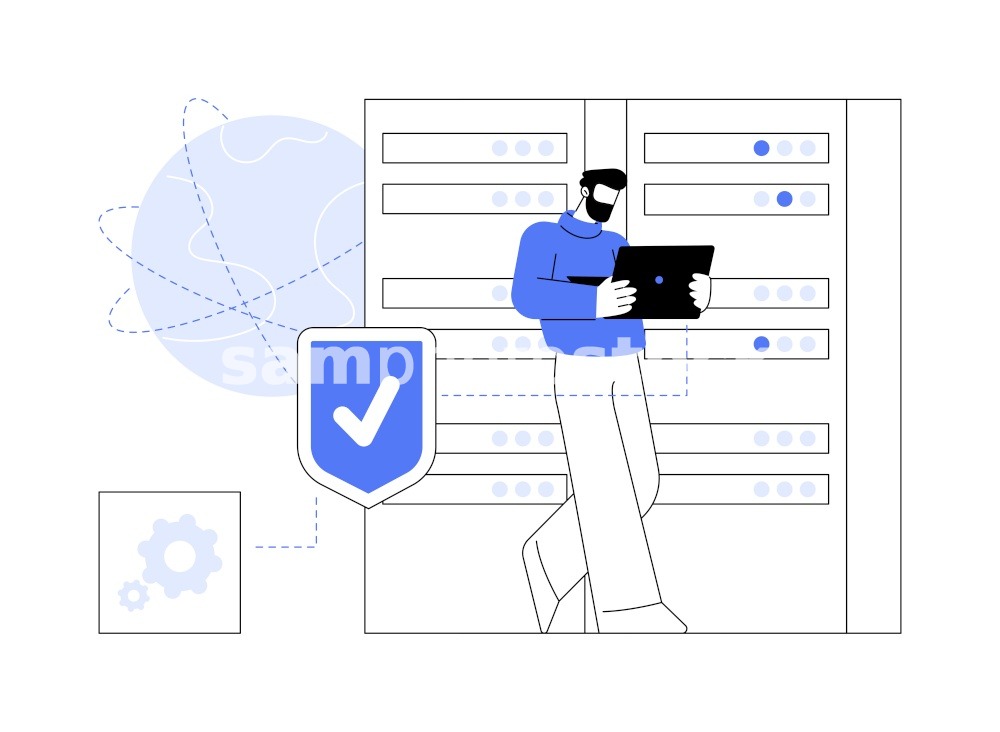 Proxy server isolated cartoon vector illustrations. Datacenter specialist with laptop working with proxy server, IT technology, computing industry, cybersecurity practice vector cartoon.. Proxy server isolated cartoon vector illustrations.